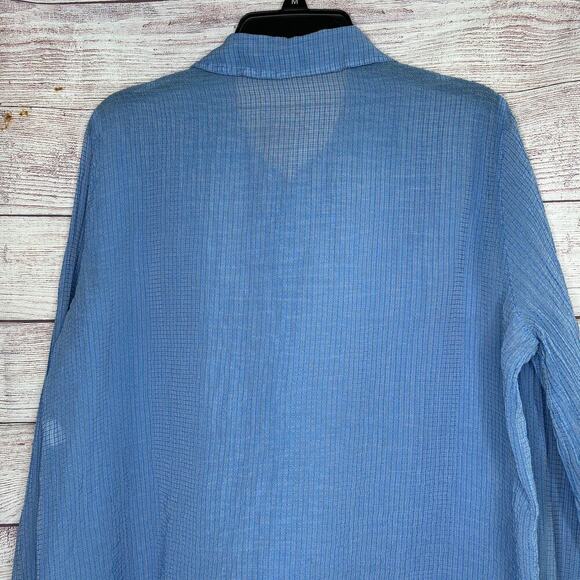 Cut Loose Semi Sheer Blue Crinkle Texture Button Up Long Sleeve Top Size Medium - Picture 5 of 6